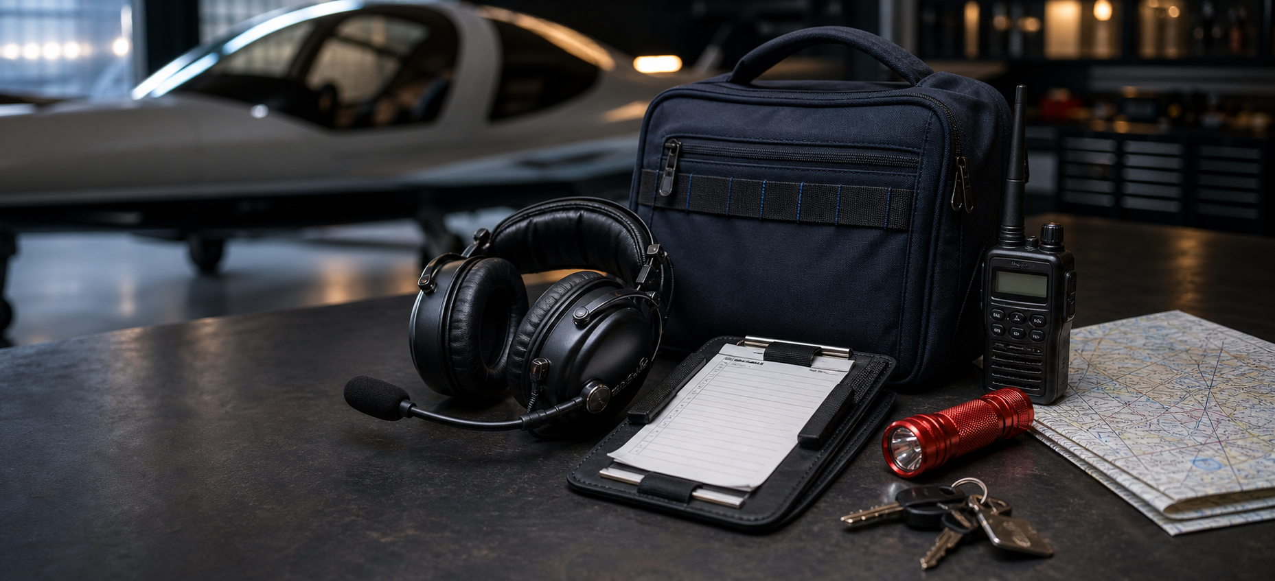 Aviation headset, flight bag, radio, kneeboard, chart, and safety flashlight on a hangar workbench